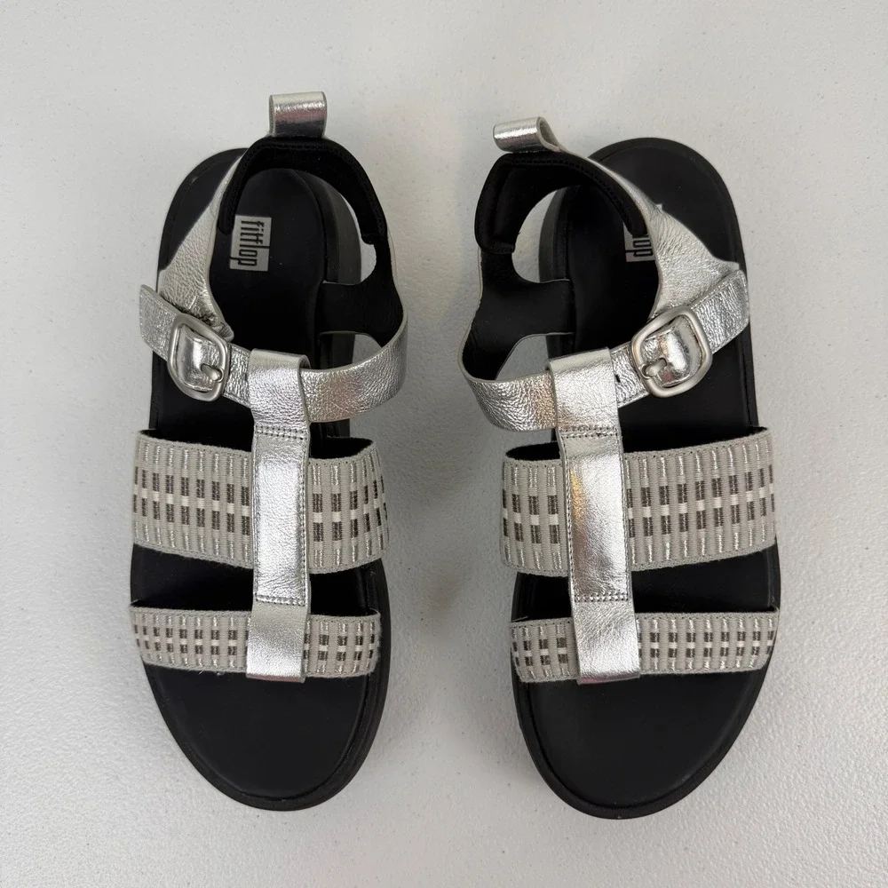 FITFLOP F-MODE METALLIC-LEATHER/WEBBING FLATFORM FISHERMAN SANDALS Women's 9 US